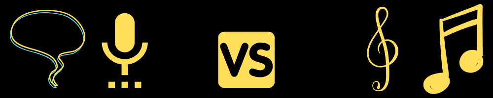 A graphic symbolizing brand tone vs brand voice with speech mark and recorder at one side and musical notes and tones on the other.
