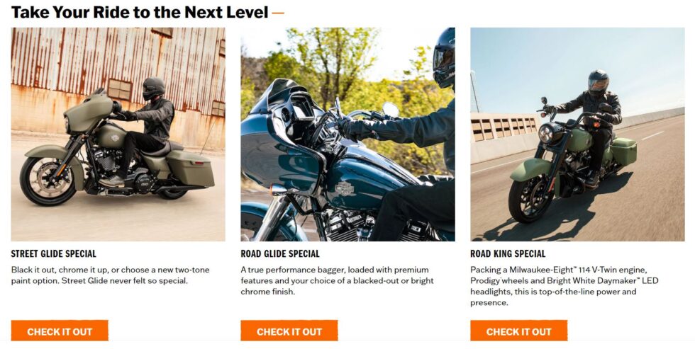 Image of Harley Davidson's homepage t demonstrate their strong brand voice.