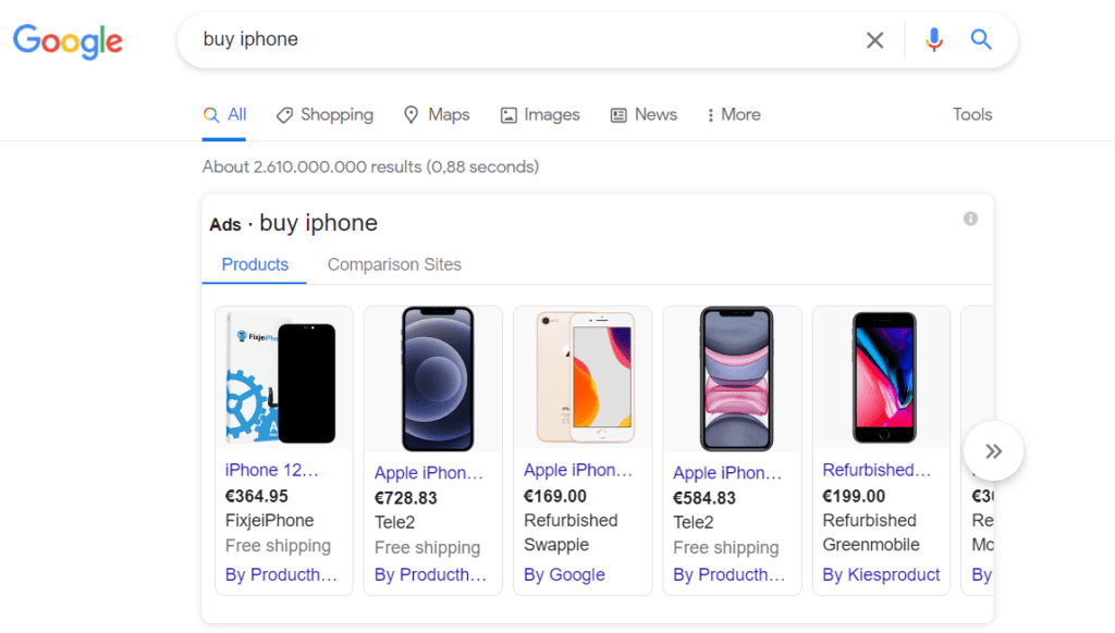 An image of a Google search for the term buy iPhone returning various Google Shopping results, indication a transactional search intent.
